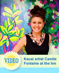 Kauai Artist Camile Fontaine paints at Garden Island Inn, Hawaii hotel, Kauai